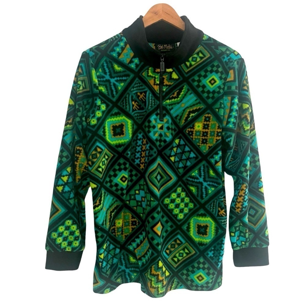 Bob Mackie Women’s Sz M Green Artsy 1/4 Zip Fleece Sweater Art Deco Art to Wear